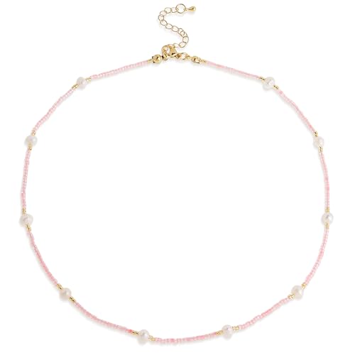 Gold Seed Beaded Necklaces for Women, Boho Handmade Adjustable Colorful Beads Choker Summer Beach Jewelry Gift. - color: Pink