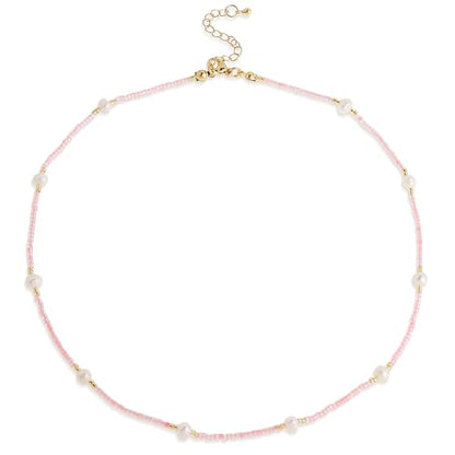 Gold Seed Beaded Necklaces for Women, Boho Handmade Adjustable Colorful Beads Choker Summer Beach Jewelry Gift. - color: Pink