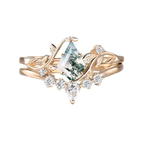 Natural Moss Agate Leafy Vintage Bridal Sets Wedding Rings for Women, 10K 14K 18K Solid Gold Kite-Cut Green Moss Agate and Moissanite Engagement Ring for Women Mother Her Jewelry Gift - color: 02-style2