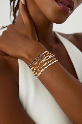 MFRYK Gold/Silver Bracelets For Women,Trendy 14k Gold/Silver Plated lightweight Dainty Chunky Thin Cuban Link Paperclip Chain Tennis Bangle Bracelets Stack Set,Ring Hand Chain Bracelet,Gold Jewelry Gift For Women Fashion Accessories - style: 5Pcs tennis p