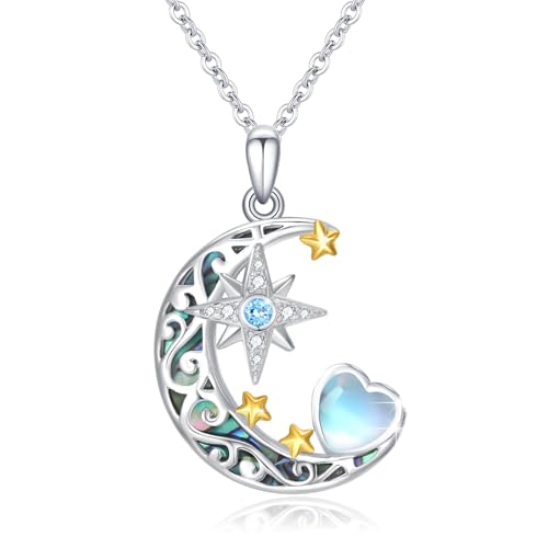 Dragonfly Necklace 925 Sterling Silver Moonstone Necklace Rainbow Stone Dragonfly Jewelry Christmas Birthday Gifts for Women Mom Her - style: Star and Moon with Birthstone