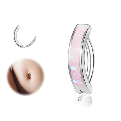 ZS 14G Clicker Belly Button Rings for Women, 925 Sterling Silver Opal Belly Barbell Piercing Reverse Curved Navel Barbell Body Jewelry - color: Pink Opal:16G,8mm