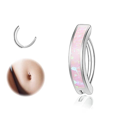 ZS 14G Clicker Belly Button Rings for Women, 925 Sterling Silver Opal Belly Barbell Piercing Reverse Curved Navel Barbell Body Jewelry - color: Pink Opal:16G,8mm