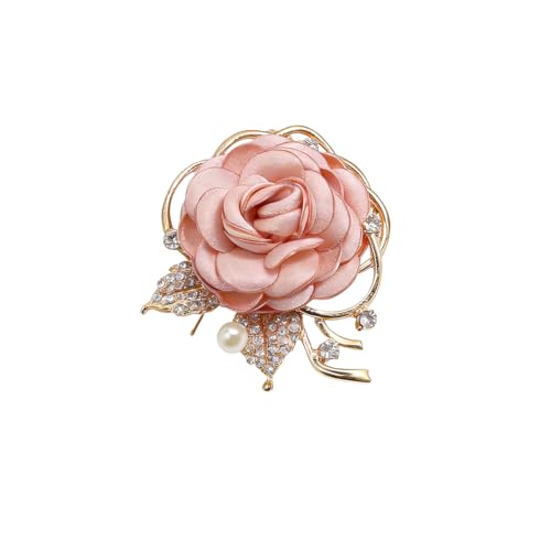 Rose Flower Brooch Pin for Women Elegant Vintage Brooch Pin Wedding Party Handmade Imitation Crystal Pearl Fabric Flower Lapel Pin Dress Suit Accessories - color: Pink