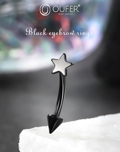 OUFER Rook Piercing Jewelry, G23 Solid Titanium Eyebrow Rings, Heart Vertical Labret Lip Jewelry, 16G Curved Barbells, Daith Rook Earrings for Women Men - color: Black Star, size: 16G 8mm