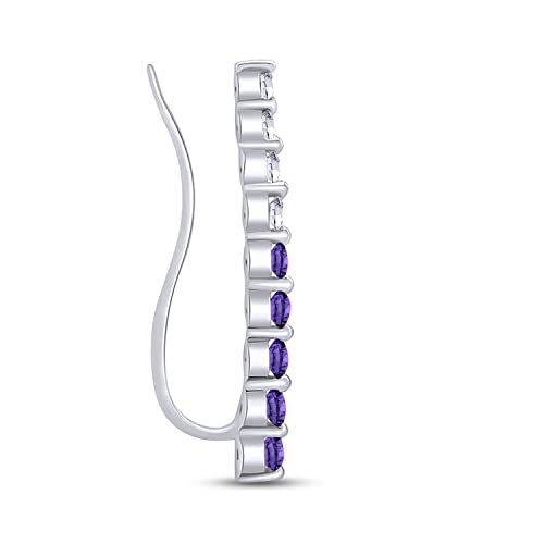One Piece Right Ear Climber Earring for Women With Birthstone And White CZ | Floating Curved Bar Ear Crawler In 14K Gold Over Sterling Silver Jewelry for Her - color: Simulated Amethyst