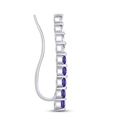 One Piece Right Ear Climber Earring for Women With Birthstone And White CZ | Floating Curved Bar Ear Crawler In 14K Gold Over Sterling Silver Jewelry for Her - color: Simulated Amethyst