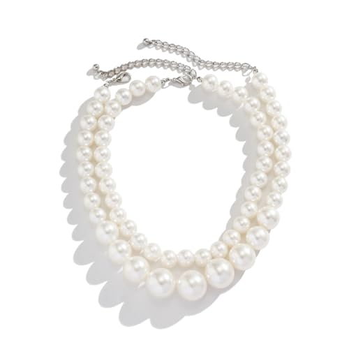 SukAmi Big Pearl Choker Necklace Chunky Large Simulated Faux Pearl Necklace Women White Layers Pearl Necklace Wedding Party Jewelry 20s Gift 2PCS 35+7cm