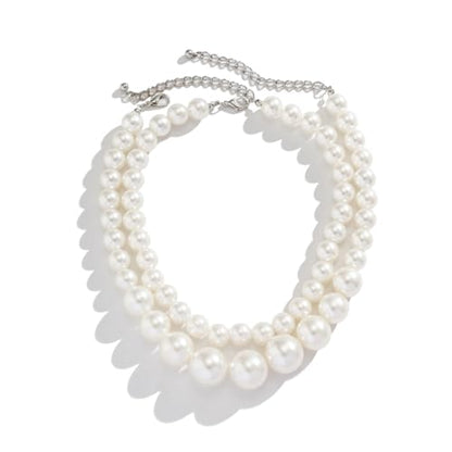 SukAmi Big Pearl Choker Necklace Chunky Large Simulated Faux Pearl Necklace Women White Layers Pearl Necklace Wedding Party Jewelry 20s Gift 2PCS 35+7cm