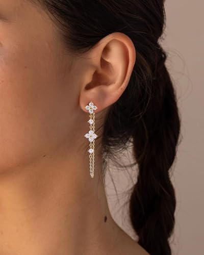 Dangle Earrings for Women - 14K Gold/White Gold/Rose Gold Plated Butterfly Heart Star Hoop Chain Long Tassel Cubic Zirconia CZ Dangle Earrings - color: Clover dangle