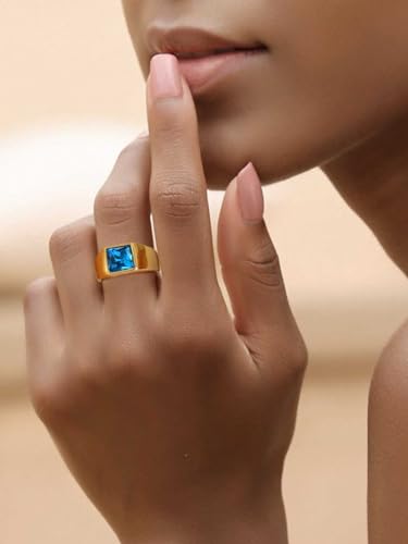 KeyStyle Square Gemstone Signet Rings for Men, Personalized Stainless Steel Pinky Ring with Black Onxy Blue Topaz Birthstone Statement Ring - color: Gold - Blue Topaz - 8mm
