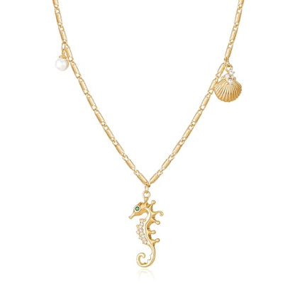 MTMY Gold Starfish Necklace 14K Gold Plated Shell Conch Ocean Pendant Necklace for Women Beach Summer Jewelry - style: seahorse