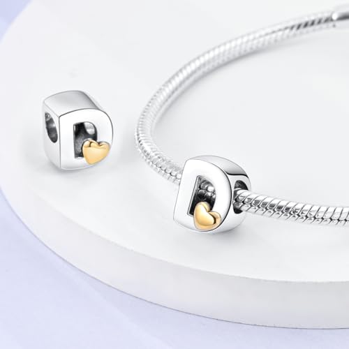 925 Sterling Silver Letter Charms A-Z for Bracelet Necklace Alphabet Bead | Heart letter A B C D G J charm initial gold Pendant beads Jewelry Gift for Women - color: Letter D
