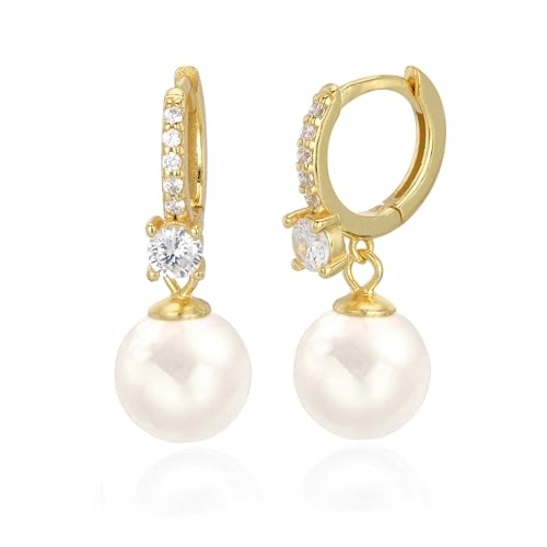 Long Pearl Earrings for Women 925 Sterling Silver Dangle Earrings | Hypoallergenic Dainty Dangle Drop Earrings, Elegant Pearl Jewelry for Bridal, Mother's Day Anniversary Birthday Jewelry Gift - color: Gold CZ