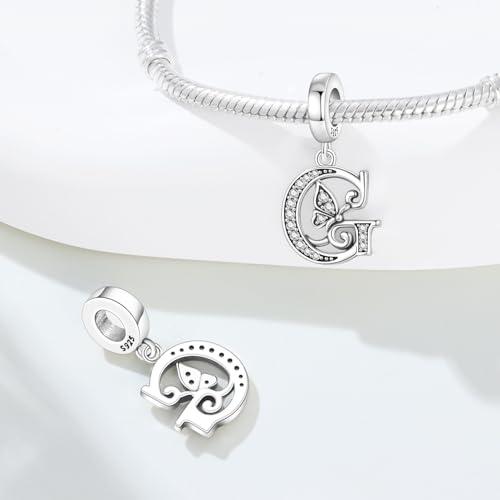 2 Pack 925 Sterling Silver Butterfly Letter Charms for Bracelets and Necklace Alphabet Initial Dangle Pendants Round Spacer Beads Pave Cubic Zirconia Jewelry Gift for Women - color: G Set