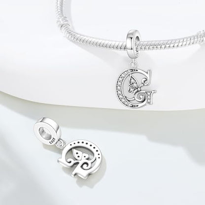 2 Pack 925 Sterling Silver Butterfly Letter Charms for Bracelets and Necklace Alphabet Initial Dangle Pendants Round Spacer Beads Pave Cubic Zirconia Jewelry Gift for Women - color: G Set