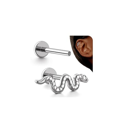 G23 Titanium 16G Tragus Conch Piercing Jewelry Flat Back Stud Earrings | Hypoallergenic CZ Nose Dangle Helix Medusa Lip Labret Body Piercing Jewelry, 14K Gold Plated, Silver, 6 and 8 mm Post Length - color: Serpent's Charm-Titanium