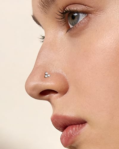COCHARM Minimalist Titanium Nose Stud, 20g L Shape Flower Nose Ring Stud Cute G23 Titanium Surgical Steel Silver Nostril Piercing with Clear CZ Hypoallergenic - style: TripleCZ-Gold