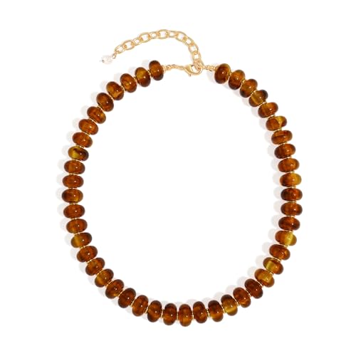 Chunky Beads Necklace for Women Trendy Gold Puffy Heart Choker Necklace Colorful Resin Beaded Heart Pendant Necklaces Statement Jewelry - color: 14MM Disc Bead-Brown