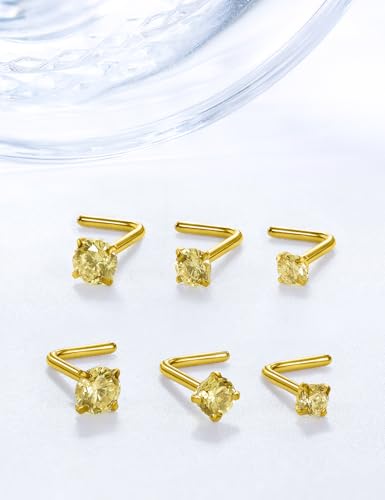 18G 20G 22G Stainless Surgical Steel Titanium Nose Rings Studs for Women L Shaped Nose Rings Screw Nose Studs Nostrial Piercing Jewelry for Women Men Silver Gold Black - style: 20G/Yellow CZ/L-shaped/Gold