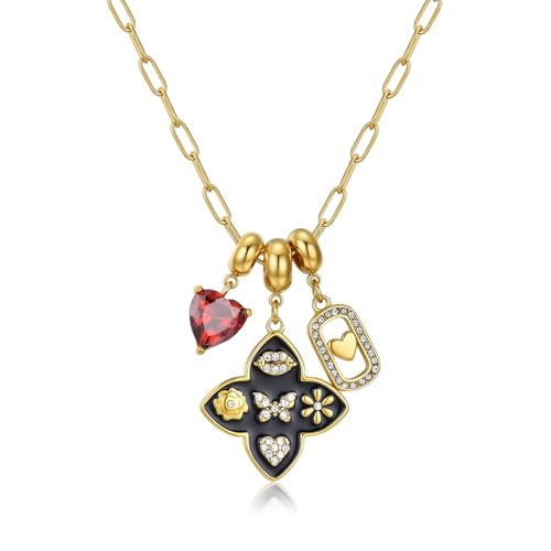 NUZON Multi-Charm Necklace for Women, 18K Gold Plated Stainless Steel Lucky Clover & Daisy Heart Pendant Necklace, NON Tarnish Sliding Charm Necklace Layering Jewelry, Meaningful Gift for Her 18’’ - color: Lucky Clover