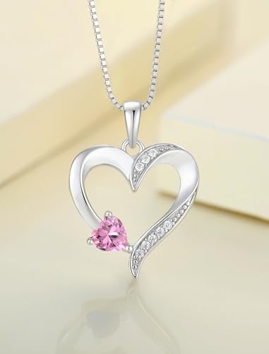 YL Heart Necklace 925 Sterling Silver Love Heart Pendant Birthstone Jewelry for Women - color: 10-pink tourmaline-Oct