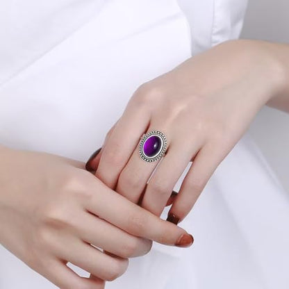 Natural Oval Stone Boho Ring,Retro Antique S925 Sterling Silver Crystal Quartz Gemstone Bohemian Statement Handmade Ring Jewelry for Women Her - color: B02_Uruguay Amethyst