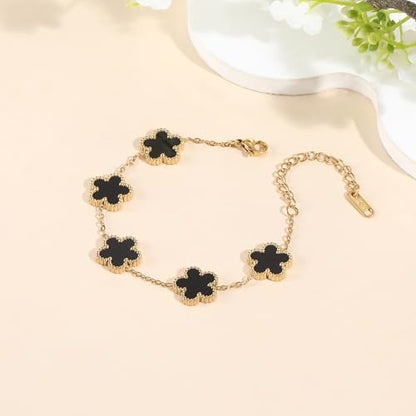 TICVSS Four Leaf Clover Bracelet for Women 18K Gold Plated Stainless Steel Lucky 4 Leaf Gold Link Bracelet Jewelry Gift for Women - color: White+Black+Gold
