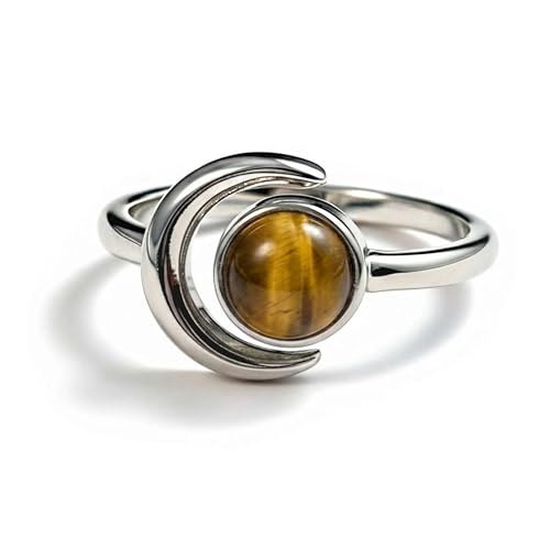 Sun and Moon Ring, Adjustable Natural Stone Rings for Women & Men, Boho Celestial Jewelry for Daily Wear - color: Tiger's Eye