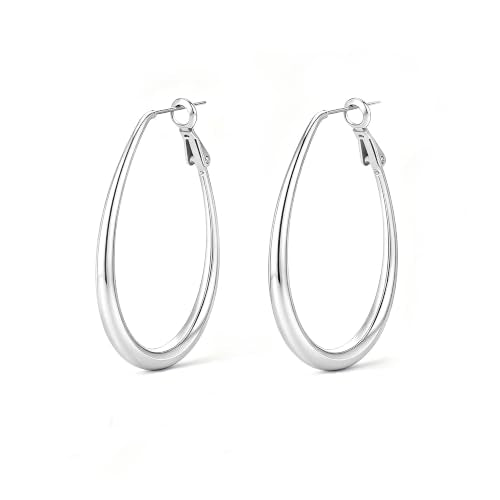 OGD Teardrop Hoop Earrings for Women 14K Gold Plated Large Chunky Oval Pull Through Hoop Earrings Statement Jewelry Gift for Women Hypoallergenic - color: Oval Earrings-Silver45mm