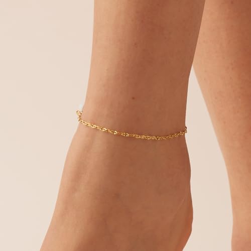 Anklets for Women, 18K Gold Plated Dainty Ankle Bracelets with Tennis, Pearl, Daisy, Lip, Snake Chain, Layered CZ Anklet Waterproof, Adjustable Boho Summer Beach Foot Jewelry - style: Lip Chain