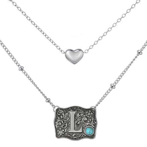 Belt Buckle Bracelet Initial Letter A-Z Bracelets Western Cow Tag Bracelet Belt Buckle Necklace Western Style Initial Letter Pendant Necklace - color: Necklace