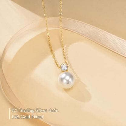 Pearl Necklace for Women 925 Sterling Silver Single Pearl Jewelry with Shell Pearl Pendant - Dainty Choker Necklace Suitable for Anniversary, Wedding, Birthday Gifts - color: CZ Gold