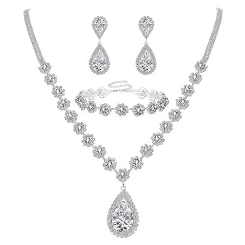 Silver Plated Necklace Earrings Bracelet Crystal Bridal Wedding Jewelry Sets for Wedding princess birthday party Halloween Prom Pageant Jewelry - color: 1-white