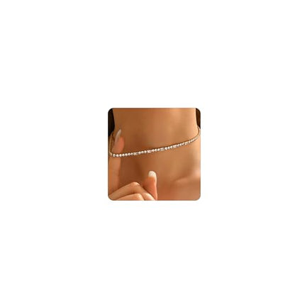 Tennis Necklaces for Women 18K Gold Plated White Red Green Blue Cubic Zirconia Necklaces Dainty Rhinestone Choker Necklaces Trendy Faux Diamond Tennis Chain 3mm - color: White Tennis Choker-Gold