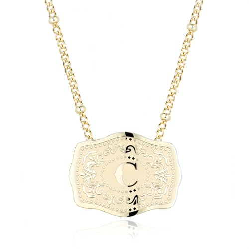 14K Gold-Plated Initial Necklace for Women, Western Belt Buckle Letter Pendant, Alphabet Necklace Includes 2 Chains, Cowgirl Jewelry Gift - color: C