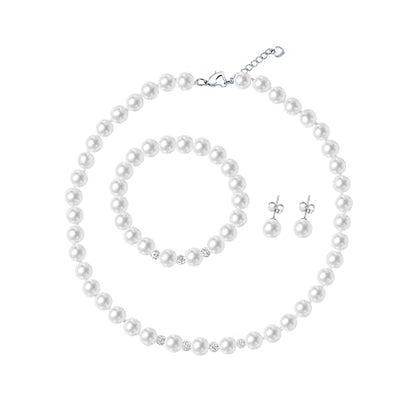 Pearl Jewelry Set for Women & Girls, Rhinestone Necklace Bracelet Earrings | 8mm White Faux Pearl Set, Rhinestone Sparkle Detail, Prom Night Accessory, Party, Gift - style: 14.5 inches