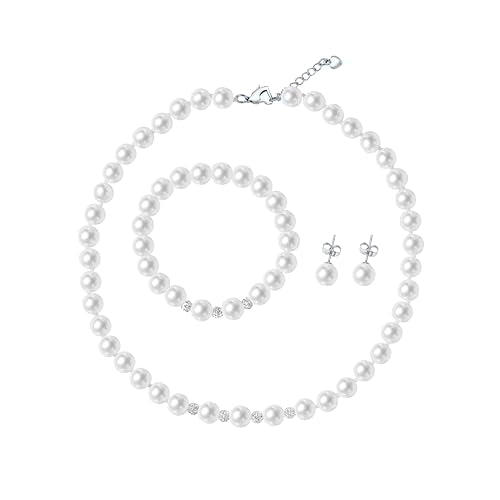 Pearl Jewelry Set for Women & Girls, Rhinestone Necklace Bracelet Earrings | 8mm White Faux Pearl Set, Rhinestone Sparkle Detail, Prom Night Accessory, Party, Gift - style: 16 inches
