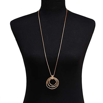 NVENF Long Sweater Chain Double Circle Pendant Necklace Bold Snake Chain Women Statement Necklace - color: E Gold triple