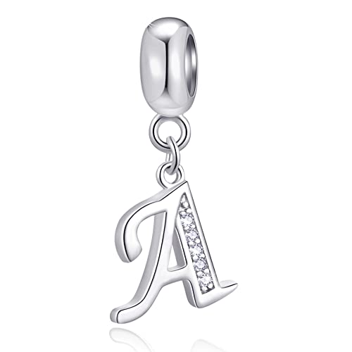 26 Letter Pendant Charms, Polished 925 Sterling Silver Complete Initial A-Z Dangling CZ Stone Alphabet Beads, fits European Bracelet Necklace, Gift for Mother/Father/Daughter/Son/Sister/Aunt - color: Letter A CZ Pendant Charm