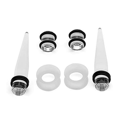 50-Piece Ear Gauges Stretching Kit, 14G-00G | Acrylic tapers and plugs with soft silicone tunnels, body piercing jewelry for women and men - color: Transparent