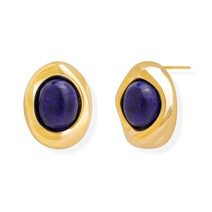 Jean Beau Chunky Gold Stone Stud Earrings for Women, Trendy Natural Gemstone Hypoallergenic Earing Valentine Jewelry Gift - color: Navy Blue