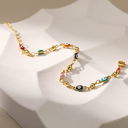 Dainty Gold Bracelets for Women, 18 Gold Plated Adjustable Evil Eye/Butterfly/Beaded/Pearl/Heart/Turquoise Handmade Bracelet for Women - style: Evil Eye and Gold Bead