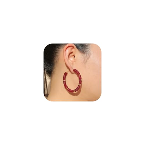 Wellike Beaded Hoop Earrings for Women Natural Stone Pink Gold Huggie Earrings Hypoallergenic Dainty Waterproof Trendy Jewelry - color: Burgundy, size: 55mm