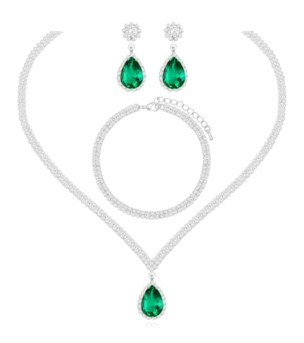 Elegant Silver Crystal Wedding Necklace Earrings Bracelet Jewelry Set for Women Brides Bridesmaids Prom Party Costume Accessory Bridal Jewelry - color: silver-emerald green