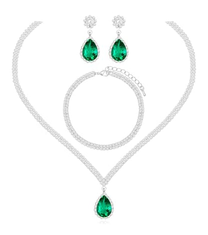 Elegant Silver Crystal Wedding Necklace Earrings Bracelet Jewelry Set for Women Brides Bridesmaids Prom Party Costume Accessory Bridal Jewelry - color: silver-emerald green