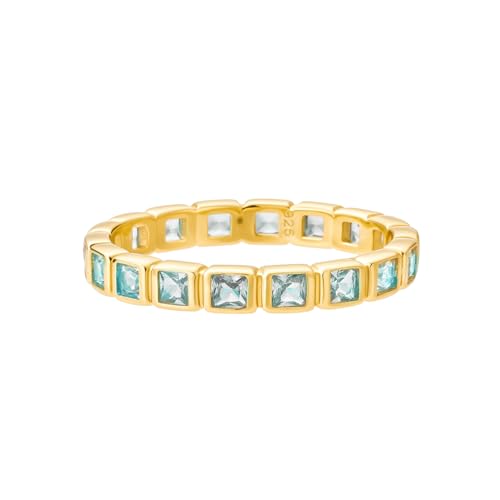 CAITLYNMINIMALIST Minimalist Eternity Bezel Gold Birthstone Ring, Dainty Stacking Gemstone Ring for Her, 18K Gold Plated Summer Jewelry, Personalized Gift for Her - color: Aquamarine