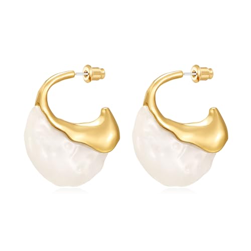Brown white Hoop Earrings for Women Gold-Plated Irregular Huggie Statement Earrings - color: AMZ-EH23402A-HY