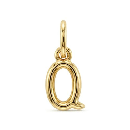 Gold Puffed Initial Letter Charm - 10 Karat Gold - 3D Bubble Letter Pendant - style: Letter q