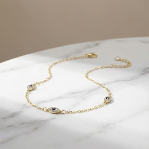 Dainty Anklets for Women, 14K Gold Plated & Sterling Silver Plated Ankle Bracelets, Adjustable, Waterproof & Hypoallergenic Summer Beach Foot Jewelry in Assorted Styles - style: Evil Eye Anklet Gold